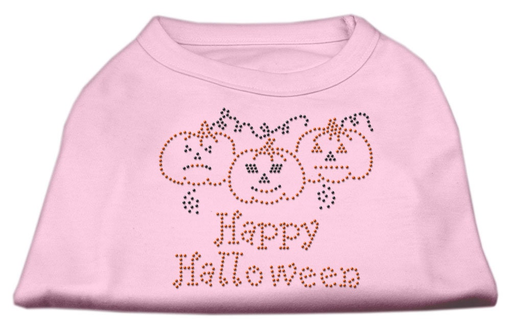 A cute Halloween shirt for dogs and cats featuring rhinestones and the text 'Happy Halloween', designed for festive pet celebrations.