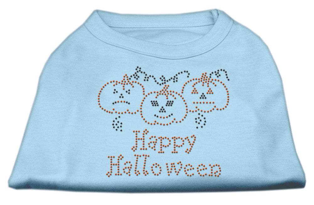A cute Halloween shirt for dogs and cats featuring rhinestones and the text 'Happy Halloween', designed for festive pet celebrations.