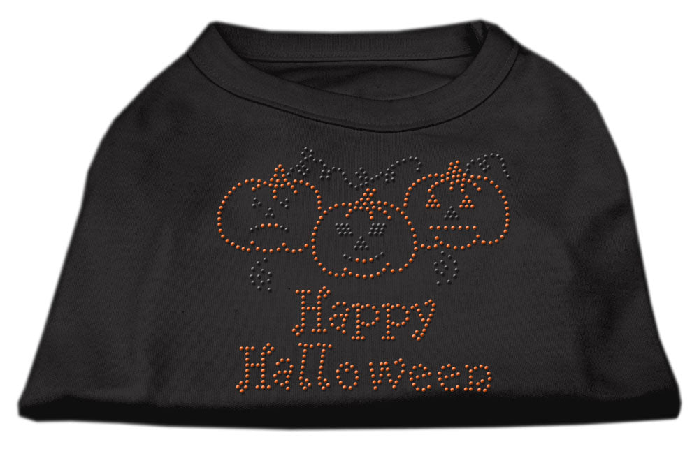 A cute Halloween shirt for dogs and cats featuring rhinestones and the text 'Happy Halloween', designed for festive pet celebrations.