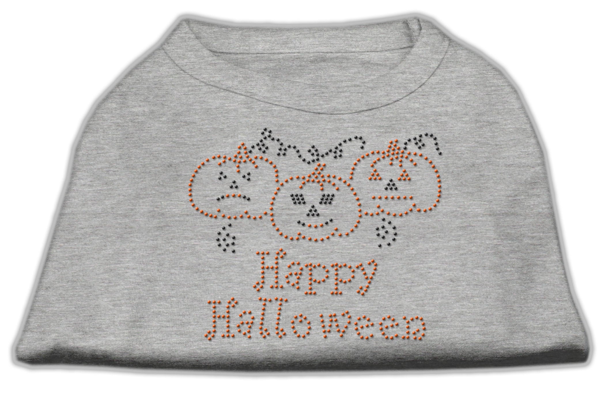 A cute Halloween shirt for dogs and cats featuring rhinestones and the text 'Happy Halloween', designed for festive pet celebrations.