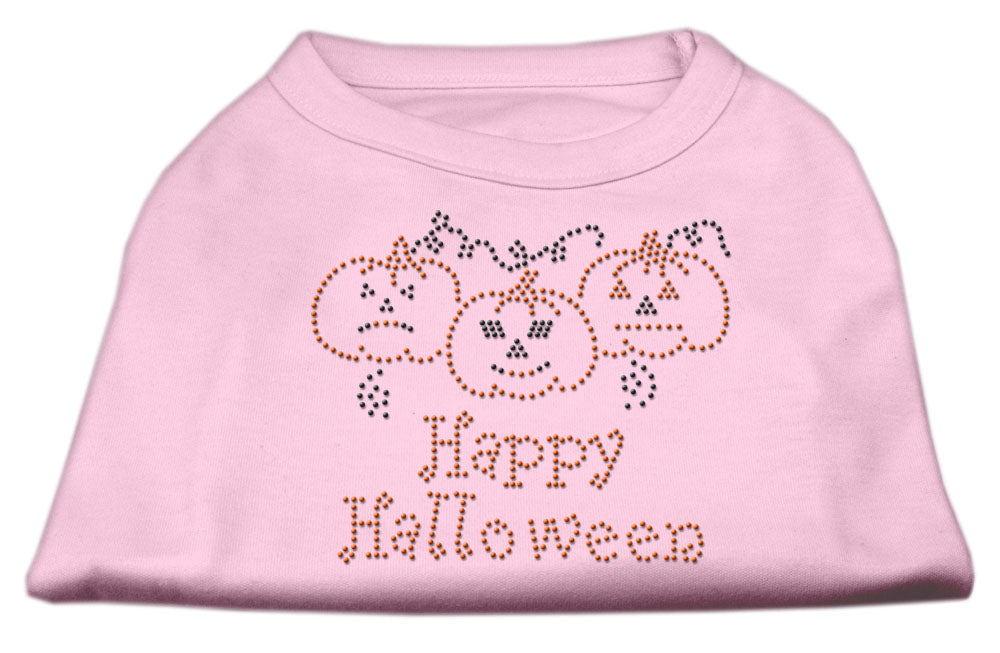 A cute Halloween shirt for dogs and cats featuring rhinestones and the text 'Happy Halloween', designed for festive pet celebrations.