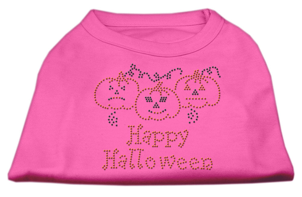 A cute Halloween shirt for dogs and cats featuring rhinestones and the text 'Happy Halloween', designed for festive pet celebrations.