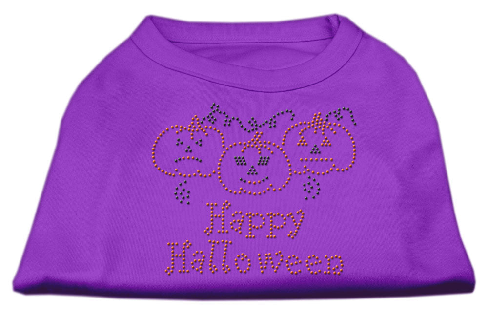 A cute Halloween shirt for dogs and cats featuring rhinestones and the text 'Happy Halloween', designed for festive pet celebrations.