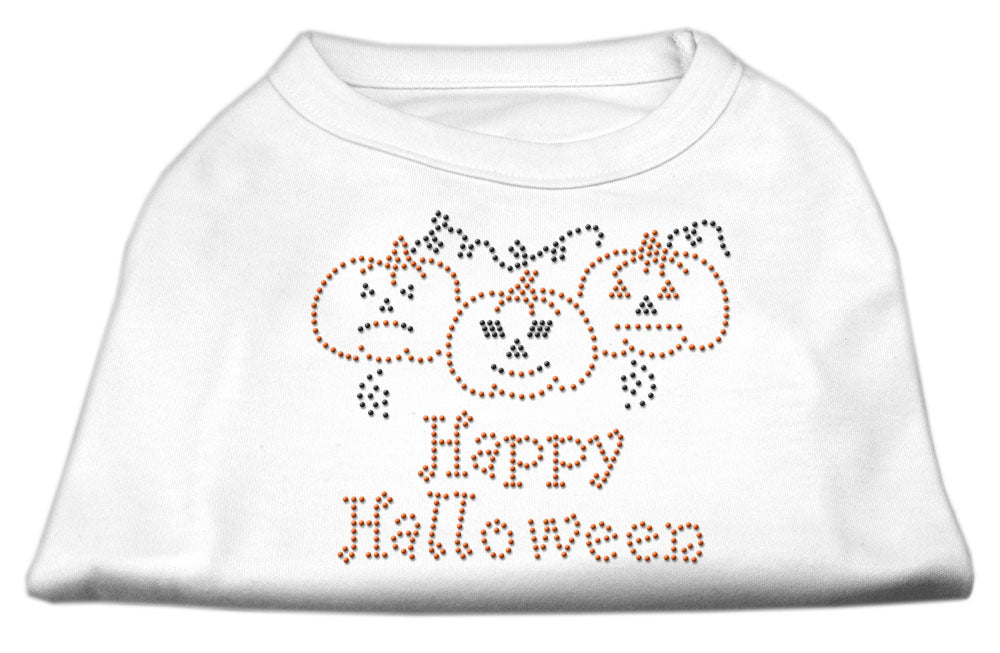 A cute Halloween shirt for dogs and cats featuring rhinestones and the text 'Happy Halloween', designed for festive pet celebrations.