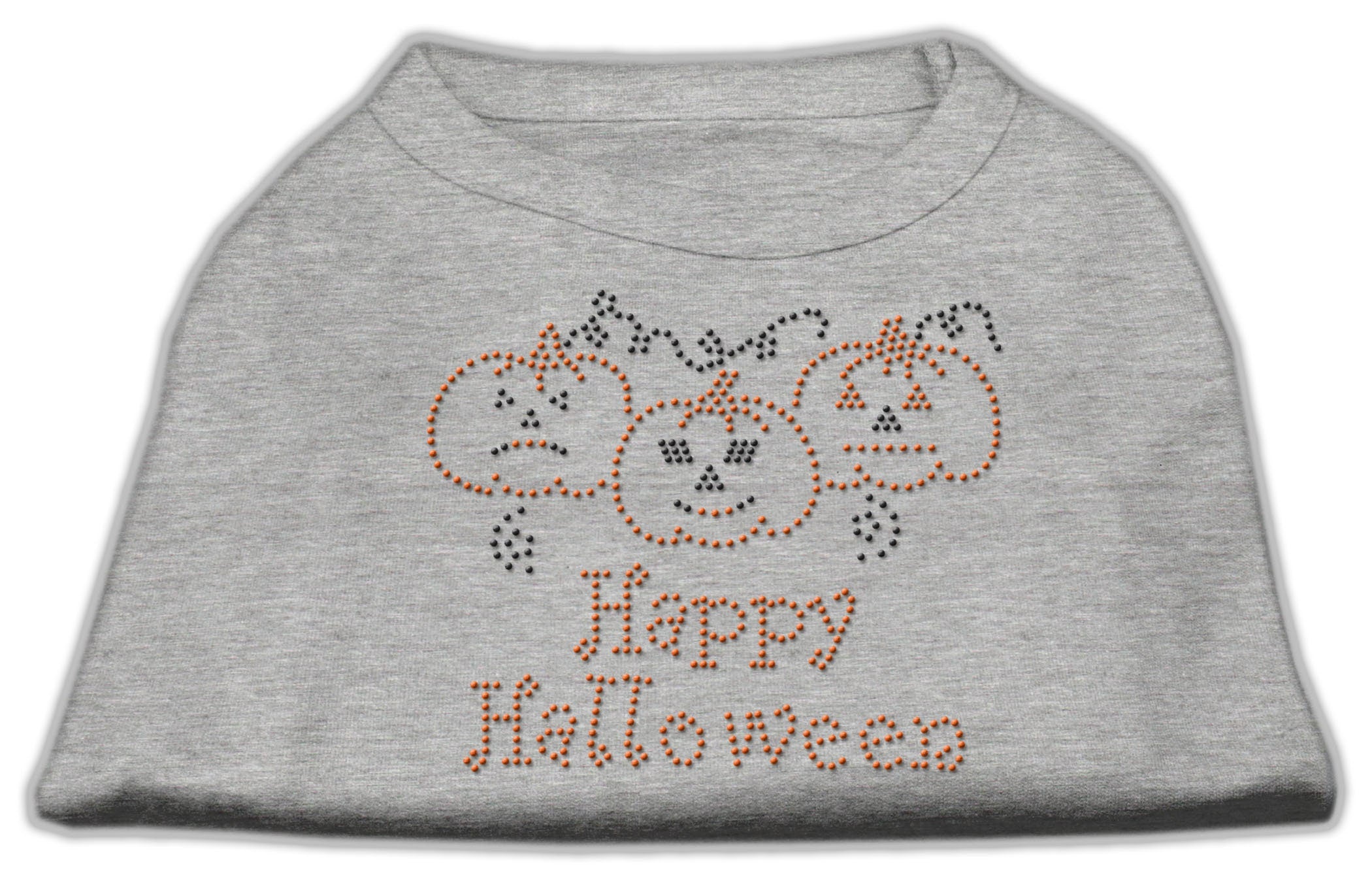 A cute Halloween shirt for dogs and cats featuring rhinestones and the text 'Happy Halloween', designed for festive pet celebrations.