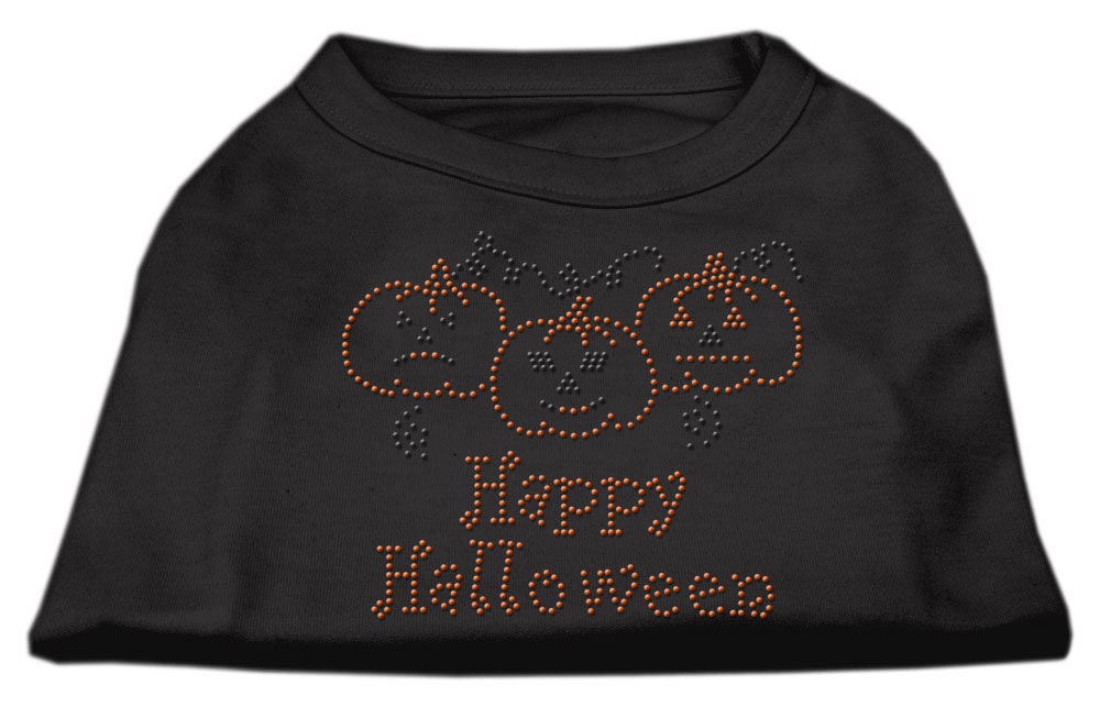A cute Halloween shirt for dogs and cats featuring rhinestones and the text 'Happy Halloween', designed for festive pet celebrations.