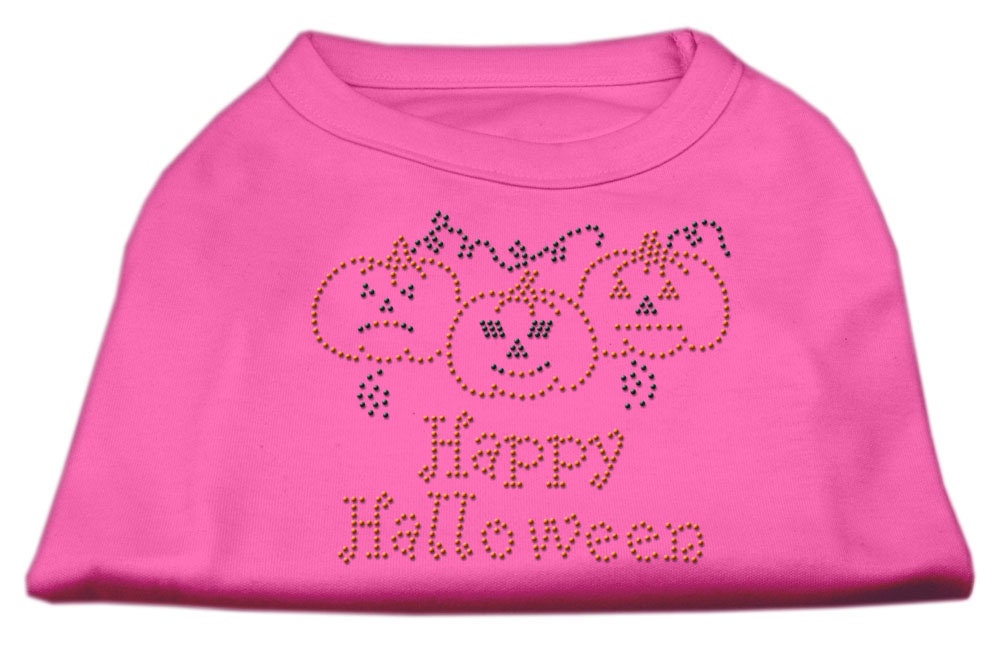 A cute Halloween shirt for dogs and cats featuring rhinestones and the text 'Happy Halloween', designed for festive pet celebrations.