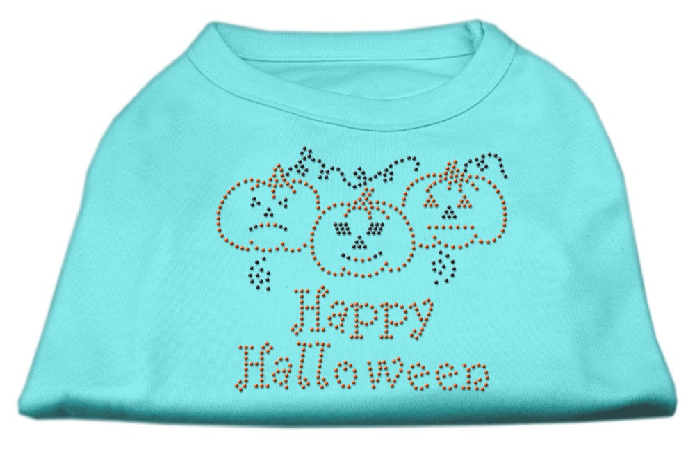 A cute Halloween shirt for dogs and cats featuring rhinestones and the text 'Happy Halloween', designed for festive pet celebrations.