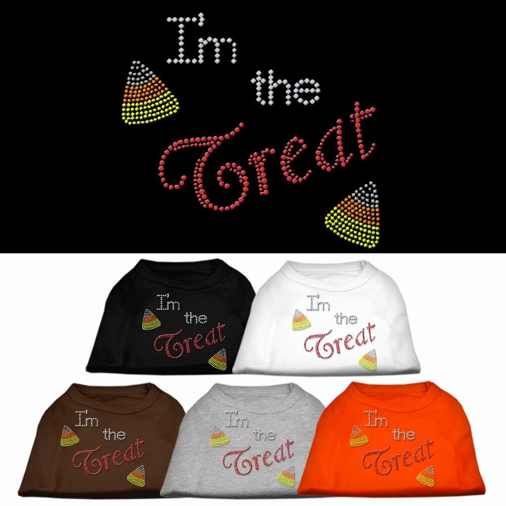 A cute Halloween shirt for pets featuring rhinestones and the phrase 'I'm The Treat', perfect for dogs and cats.