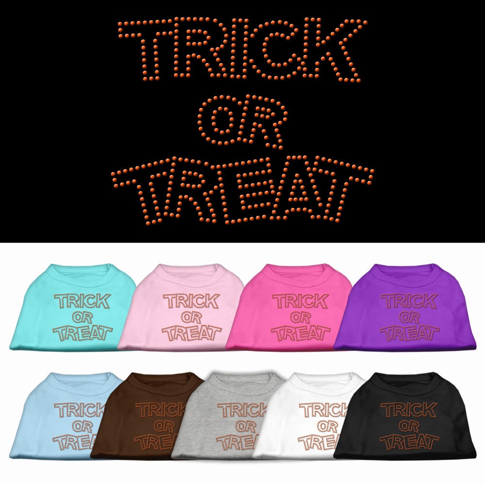 A cute Halloween shirt for dogs and cats featuring rhinestones that say 'Trick or Treat', showcasing its soft fabric and stylish design.