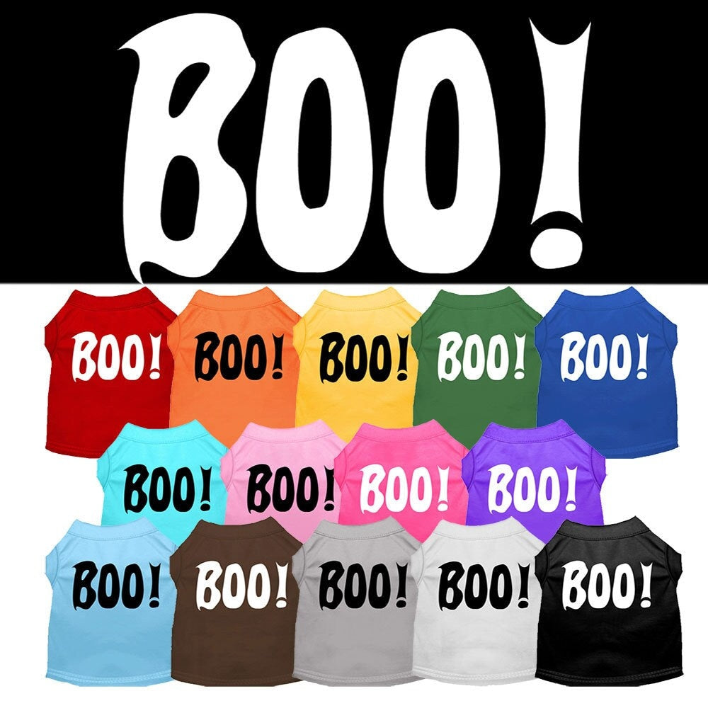 A cute Halloween shirt for dogs and cats featuring the word 'Boo!' in a playful font, made from soft fabric.