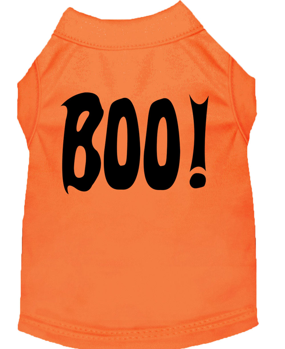 A cute Halloween shirt for dogs and cats featuring the word 'Boo!' in a playful font, made from soft fabric.