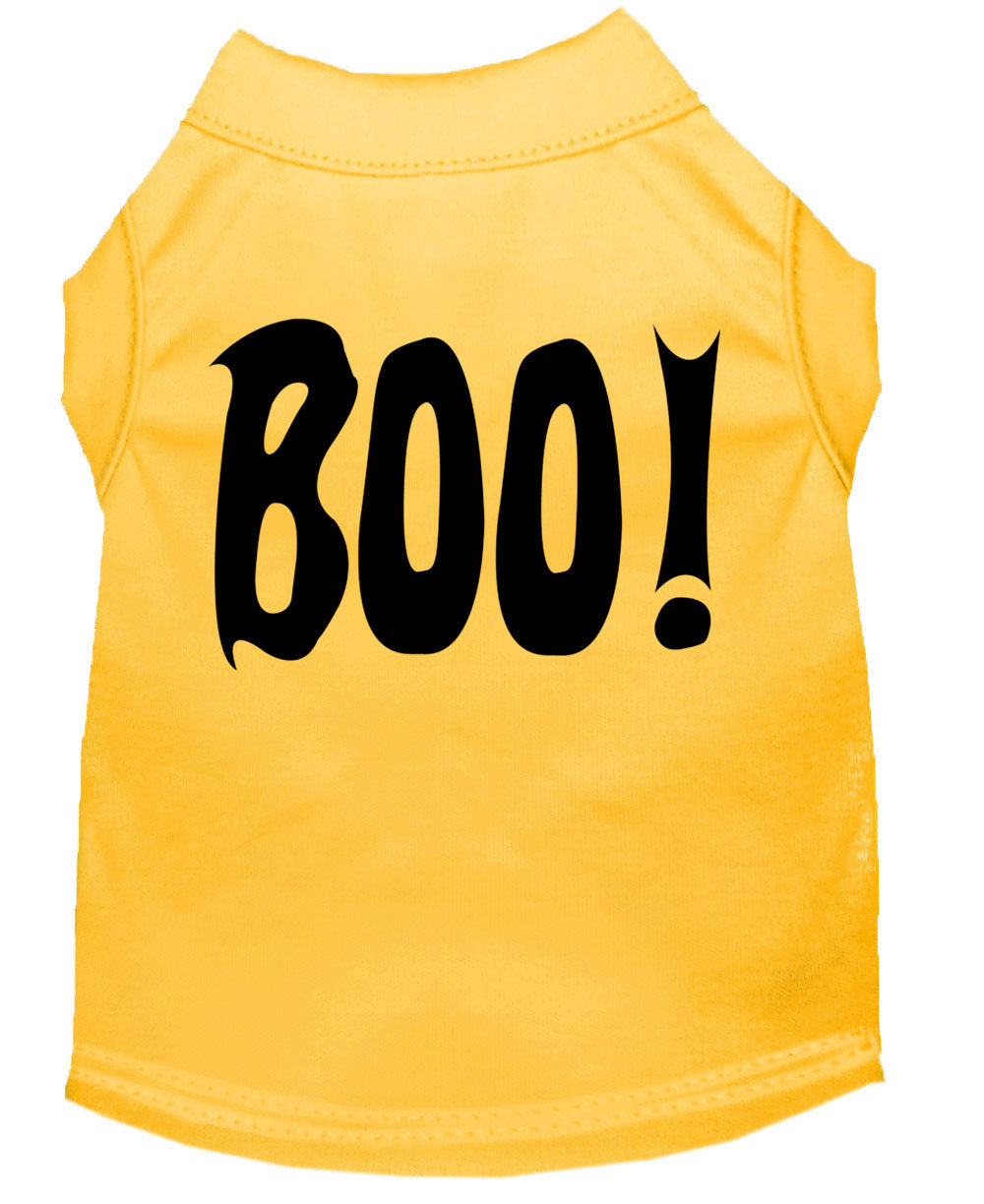 A cute Halloween shirt for dogs and cats featuring the word 'Boo!' in a playful font, made from soft fabric.
