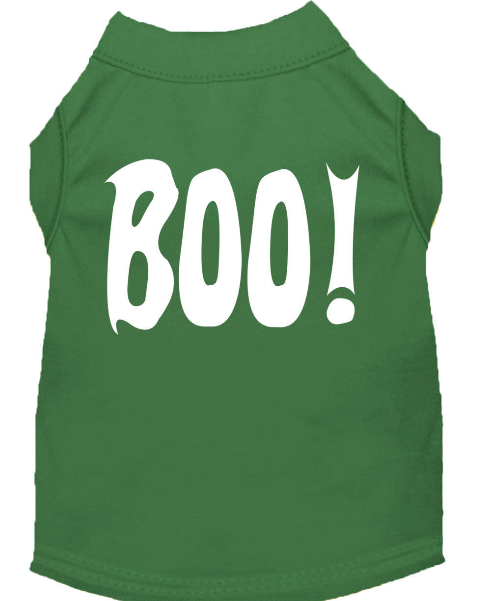 A cute Halloween shirt for dogs and cats featuring the word 'Boo!' in a playful font, made from soft fabric.