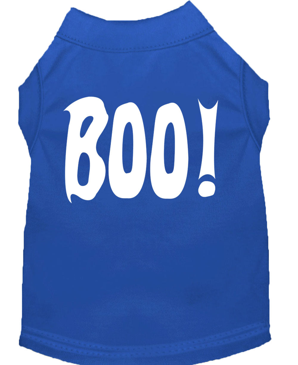 A cute Halloween shirt for dogs and cats featuring the word 'Boo!' in a playful font, made from soft fabric.