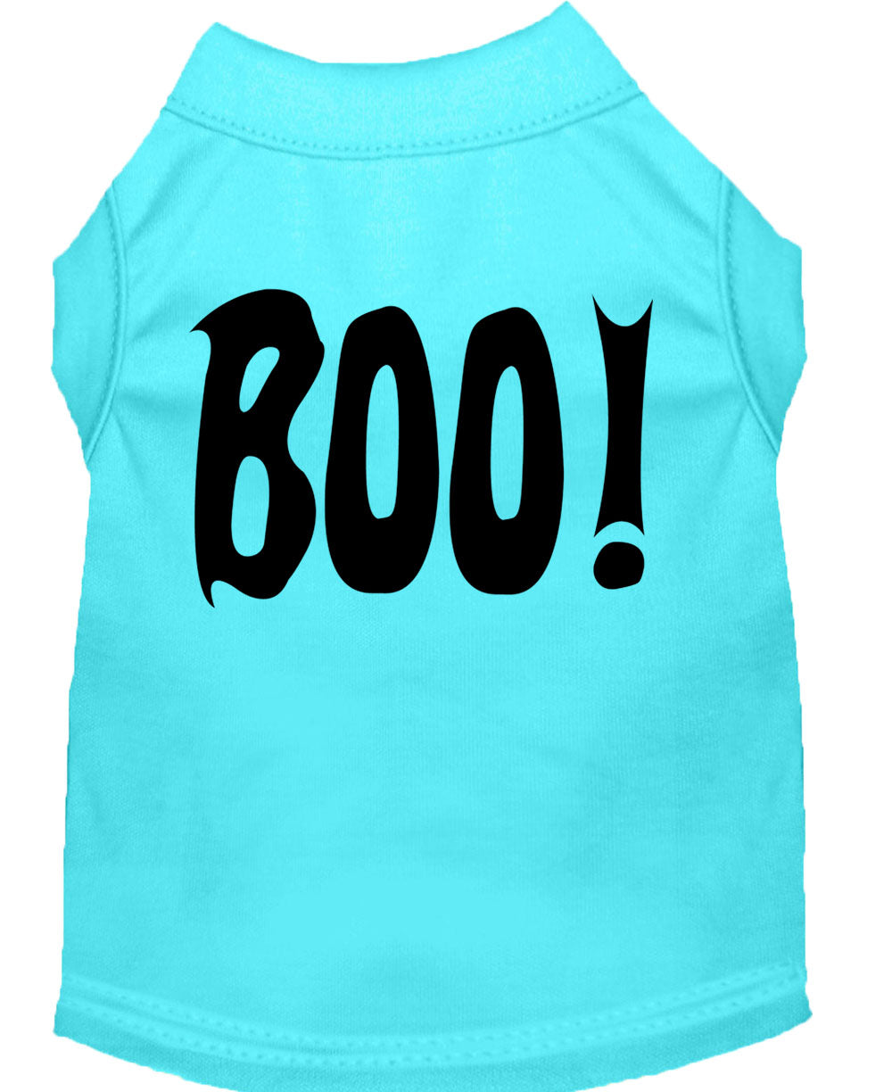 A cute Halloween shirt for dogs and cats featuring the word 'Boo!' in a playful font, made from soft fabric.