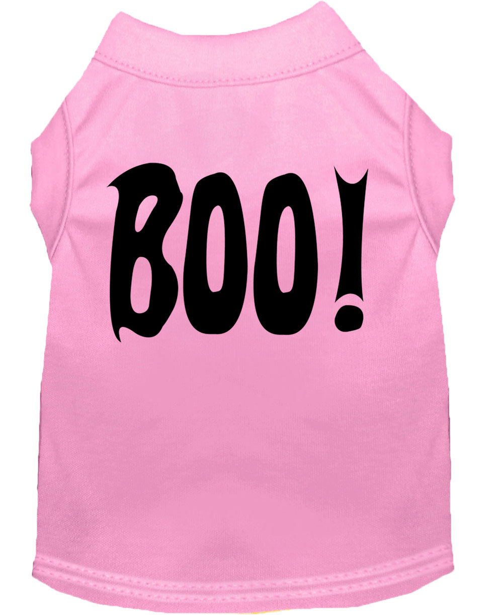 A cute Halloween shirt for dogs and cats featuring the word 'Boo!' in a playful font, made from soft fabric.