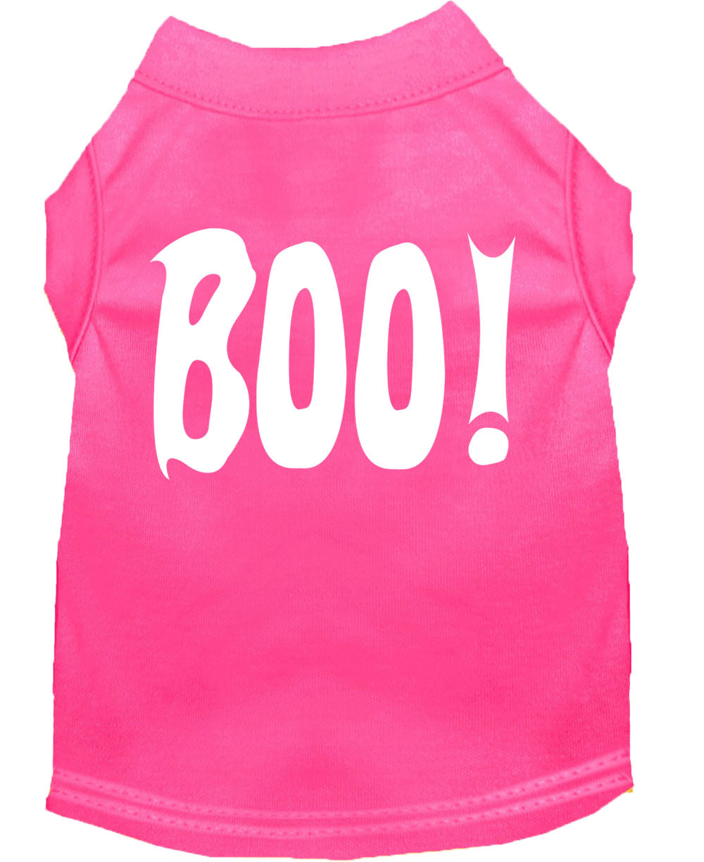 A cute Halloween shirt for dogs and cats featuring the word 'Boo!' in a playful font, made from soft fabric.