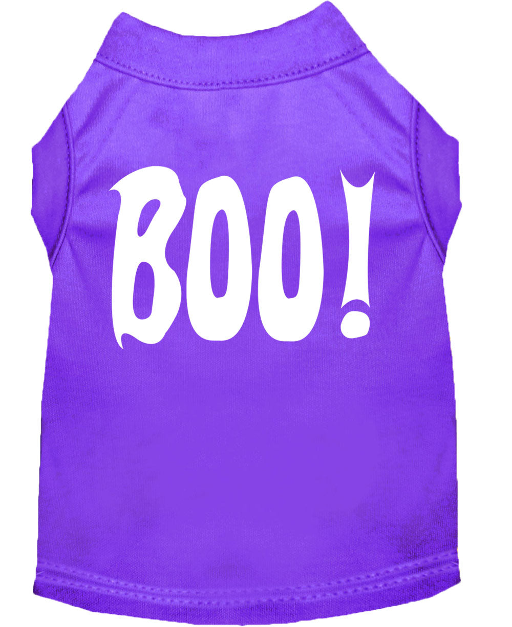 A cute Halloween shirt for dogs and cats featuring the word 'Boo!' in a playful font, made from soft fabric.