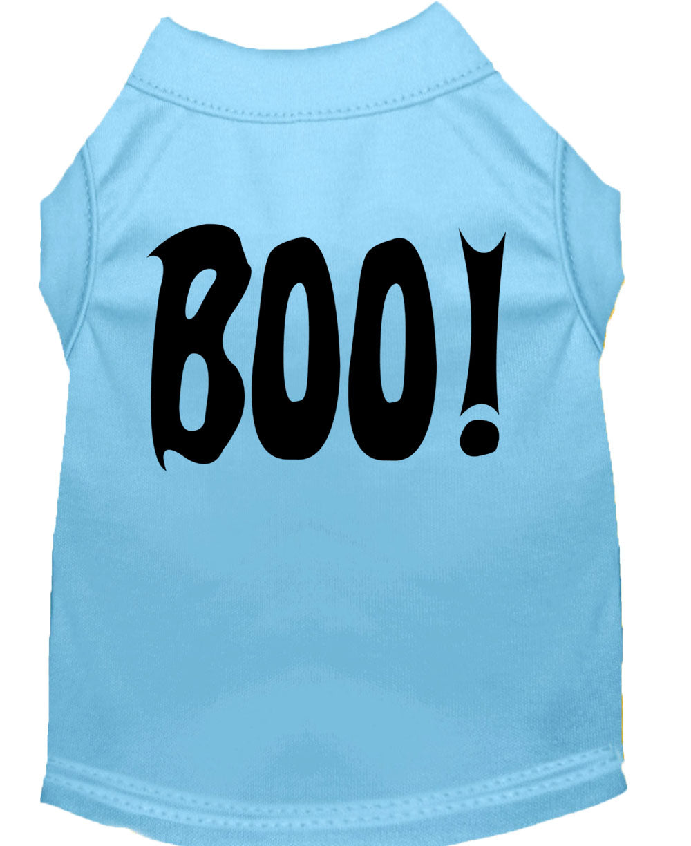 A cute Halloween shirt for dogs and cats featuring the word 'Boo!' in a playful font, made from soft fabric.