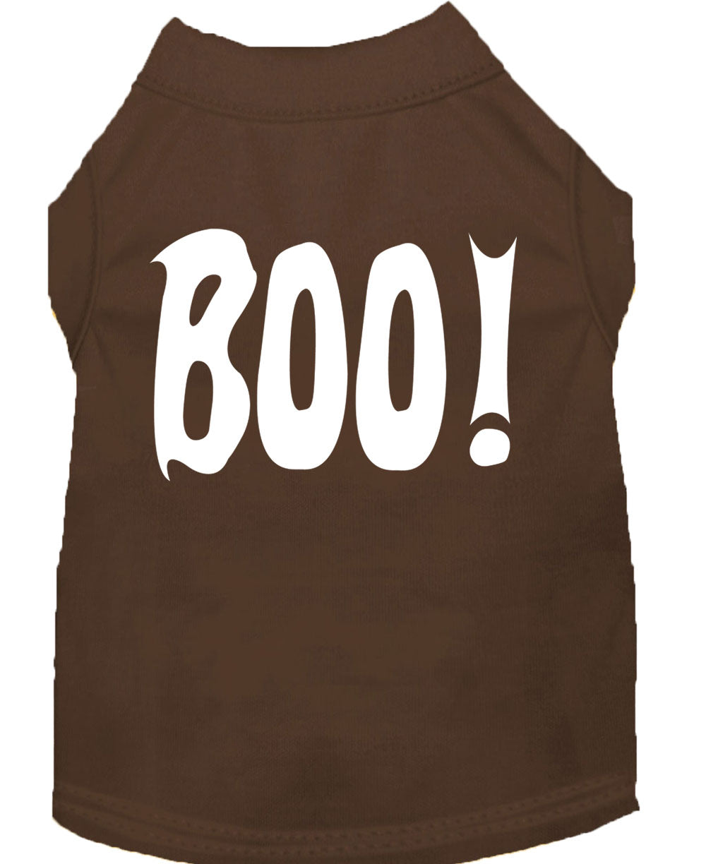 A cute Halloween shirt for dogs and cats featuring the word 'Boo!' in a playful font, made from soft fabric.