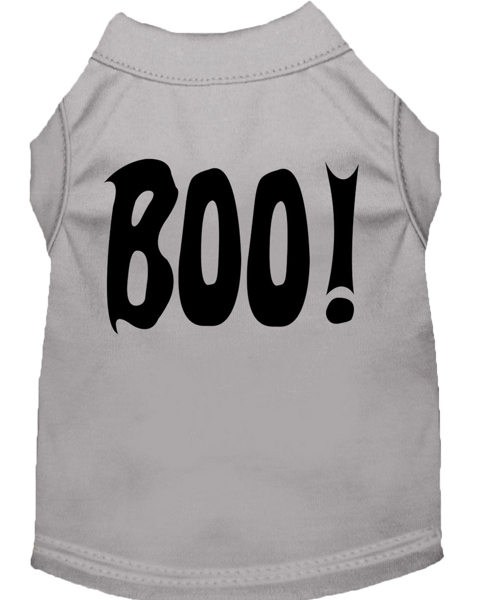 A cute Halloween shirt for dogs and cats featuring the word 'Boo!' in a playful font, made from soft fabric.