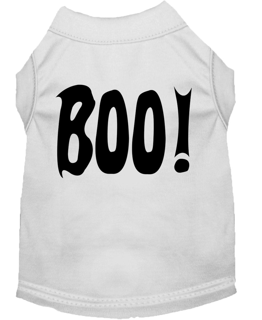 A cute Halloween shirt for dogs and cats featuring the word 'Boo!' in a playful font, made from soft fabric.