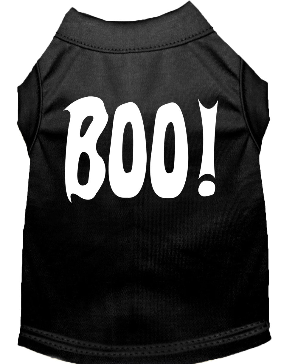 A cute Halloween shirt for dogs and cats featuring the word 'Boo!' in a playful font, made from soft fabric.