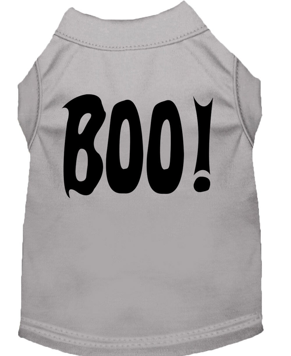 A cute Halloween shirt for dogs and cats featuring the word 'Boo!' in a playful font, made from soft fabric.