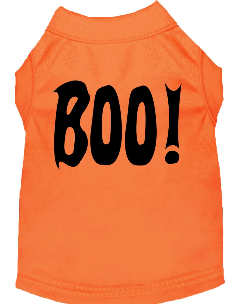 A cute Halloween shirt for dogs and cats featuring the word 'Boo!' in a playful font, made from soft fabric.