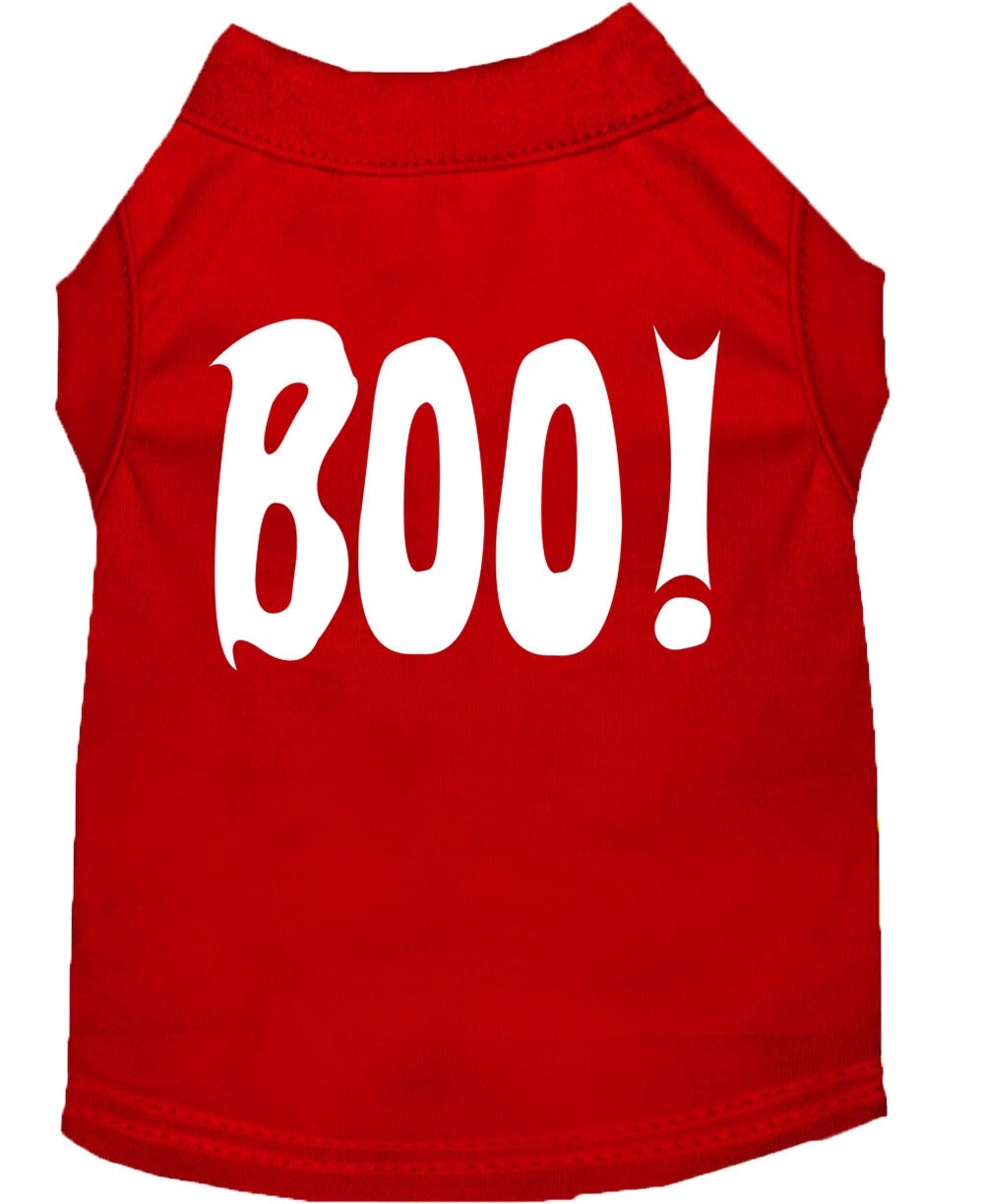 A cute Halloween shirt for dogs and cats featuring the word 'Boo!' in a playful font, made from soft fabric.