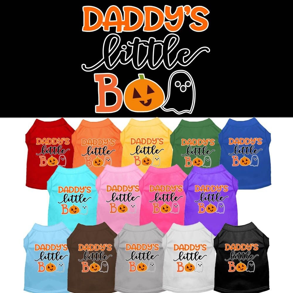 A cute Halloween shirt for pets featuring the text 'Daddy's Little Boo', designed for dogs and cats, made from soft cotton and polyester blend.