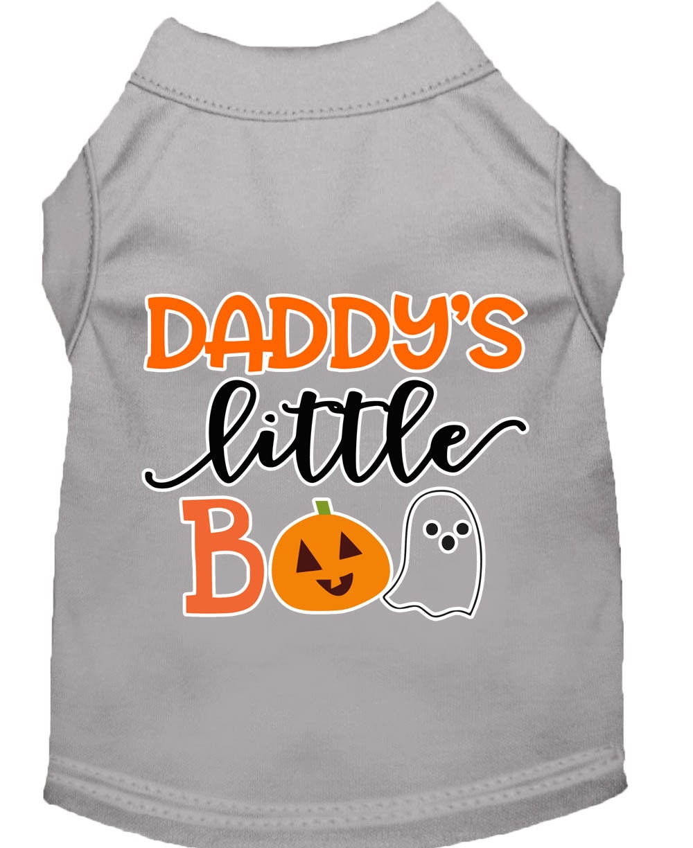 A cute Halloween shirt for pets featuring the text 'Daddy's Little Boo', designed for dogs and cats, made from soft cotton and polyester blend.