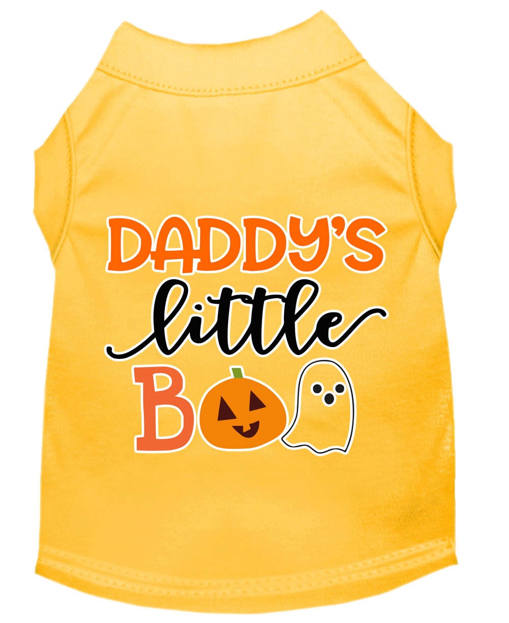 A cute Halloween shirt for pets featuring the text 'Daddy's Little Boo', designed for dogs and cats, made from soft cotton and polyester blend.