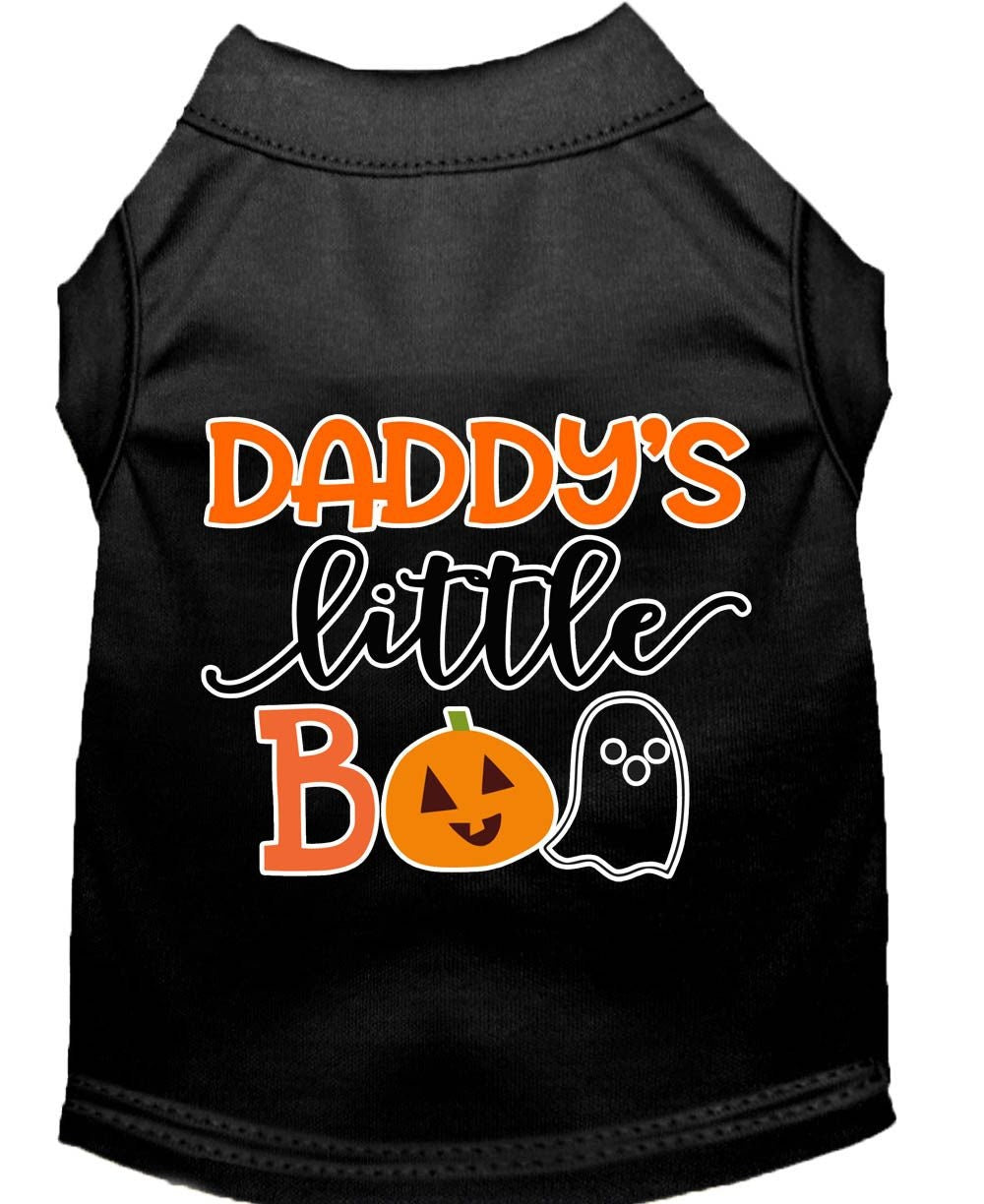 A cute Halloween shirt for pets featuring the text 'Daddy's Little Boo', designed for dogs and cats, made from soft cotton and polyester blend.