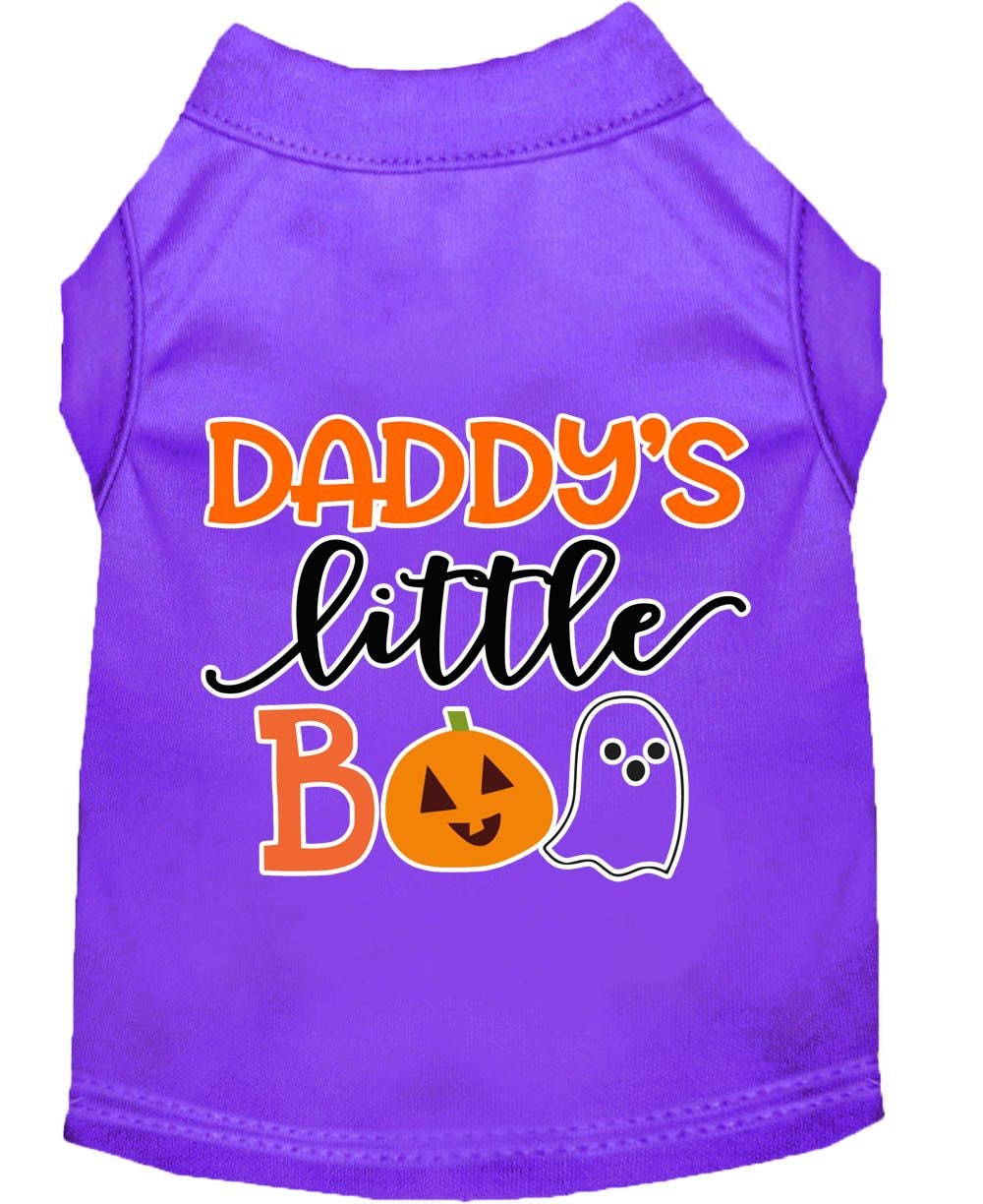 A cute Halloween shirt for pets featuring the text 'Daddy's Little Boo', designed for dogs and cats, made from soft cotton and polyester blend.