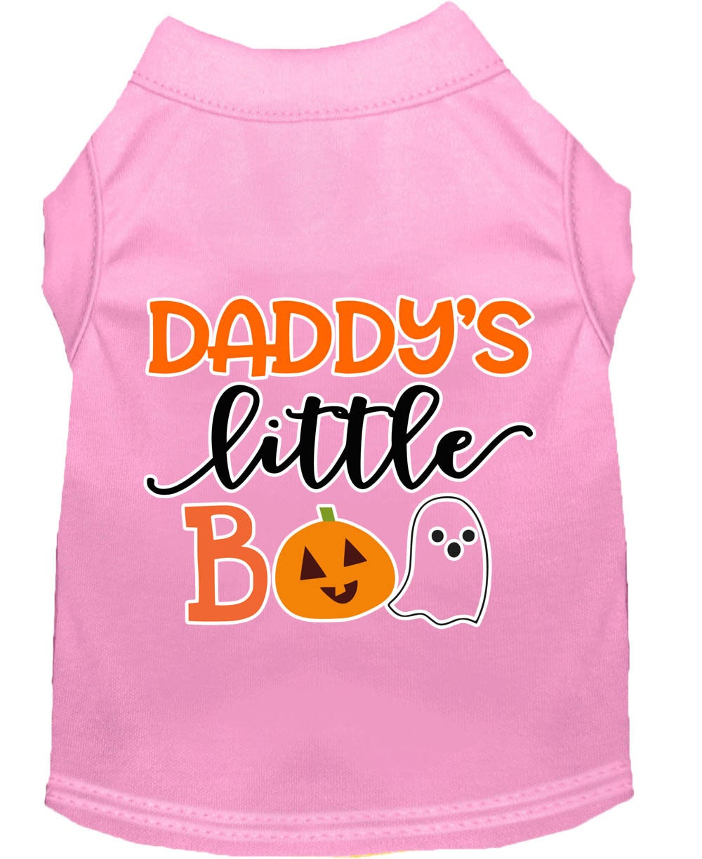 A cute Halloween shirt for pets featuring the text 'Daddy's Little Boo', designed for dogs and cats, made from soft cotton and polyester blend.