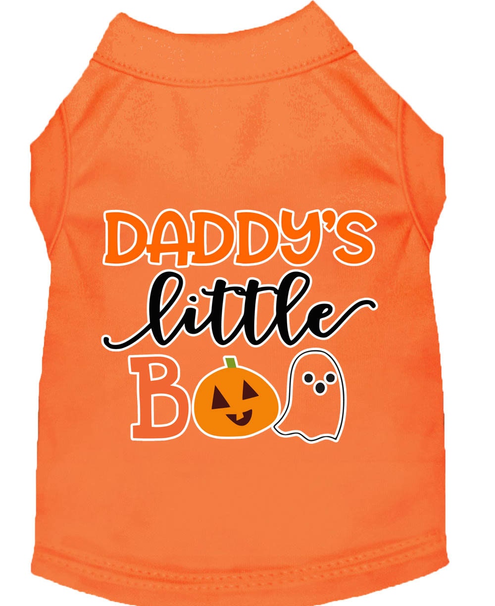A cute Halloween shirt for pets featuring the text 'Daddy's Little Boo', designed for dogs and cats, made from soft cotton and polyester blend.