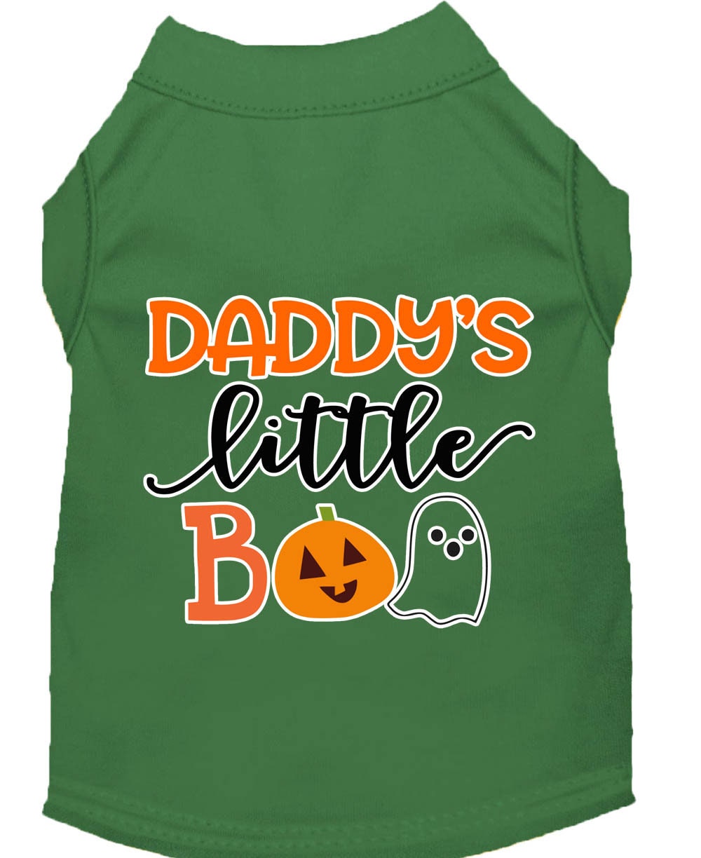 A cute Halloween shirt for pets featuring the text 'Daddy's Little Boo', designed for dogs and cats, made from soft cotton and polyester blend.