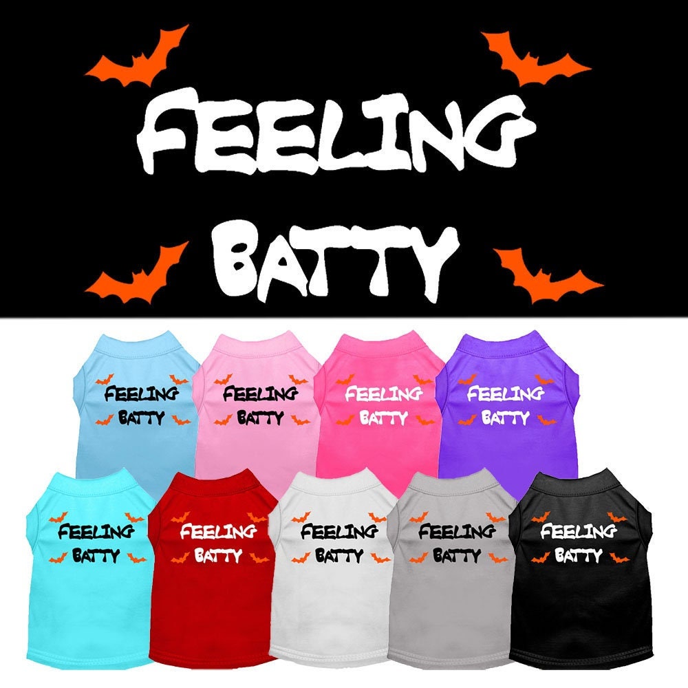 Halloween pet shirt for dogs and cats with 'Feeling Batty' print, featuring a soft fabric blend and double-stitched design.