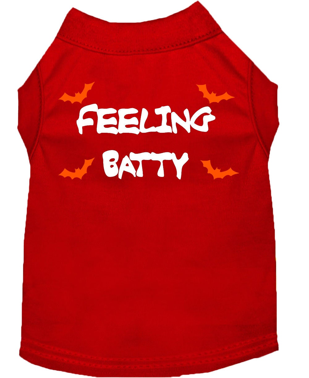 Halloween pet shirt for dogs and cats with 'Feeling Batty' print, featuring a soft fabric blend and double-stitched design.