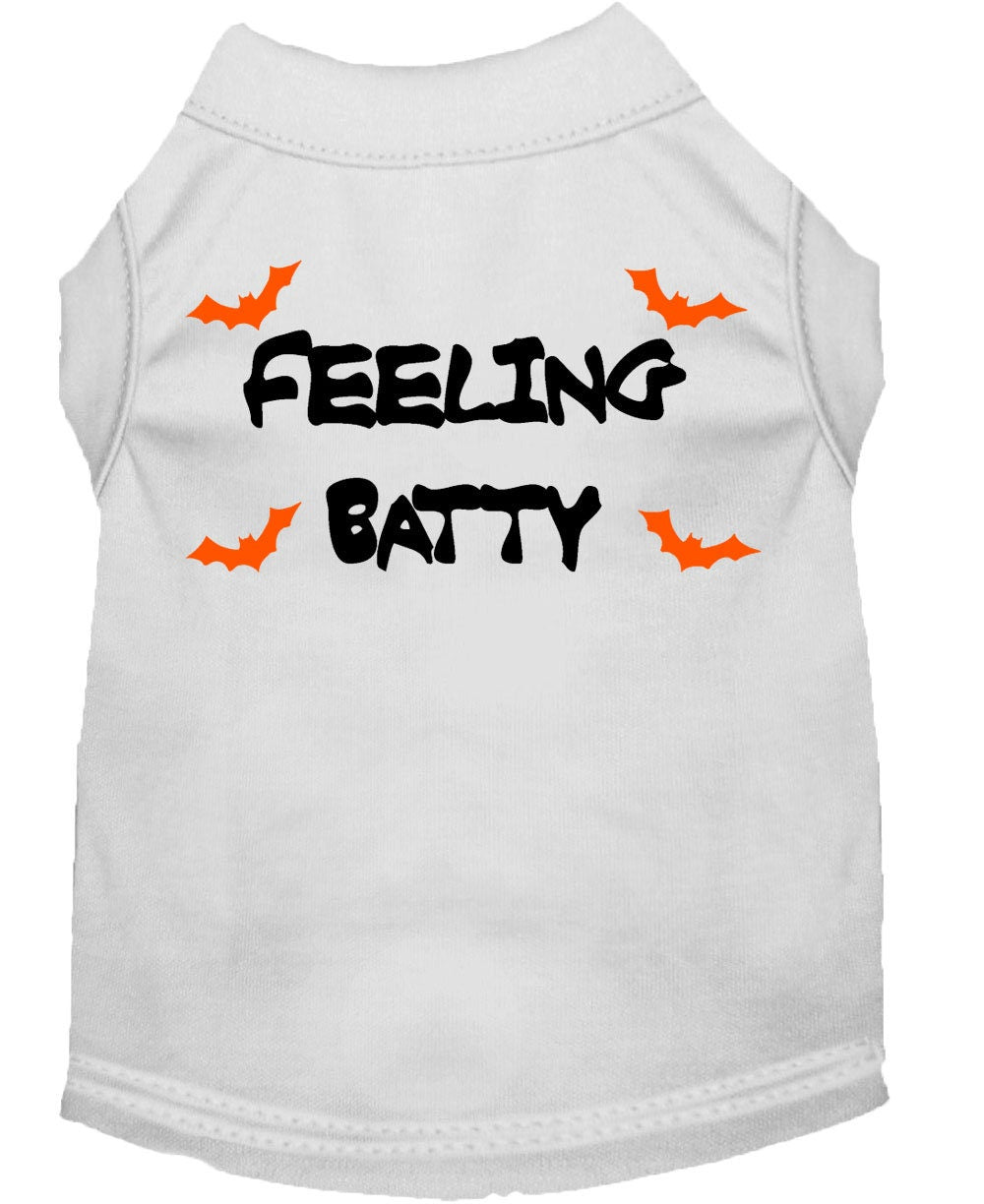 Halloween pet shirt for dogs and cats with 'Feeling Batty' print, featuring a soft fabric blend and double-stitched design.
