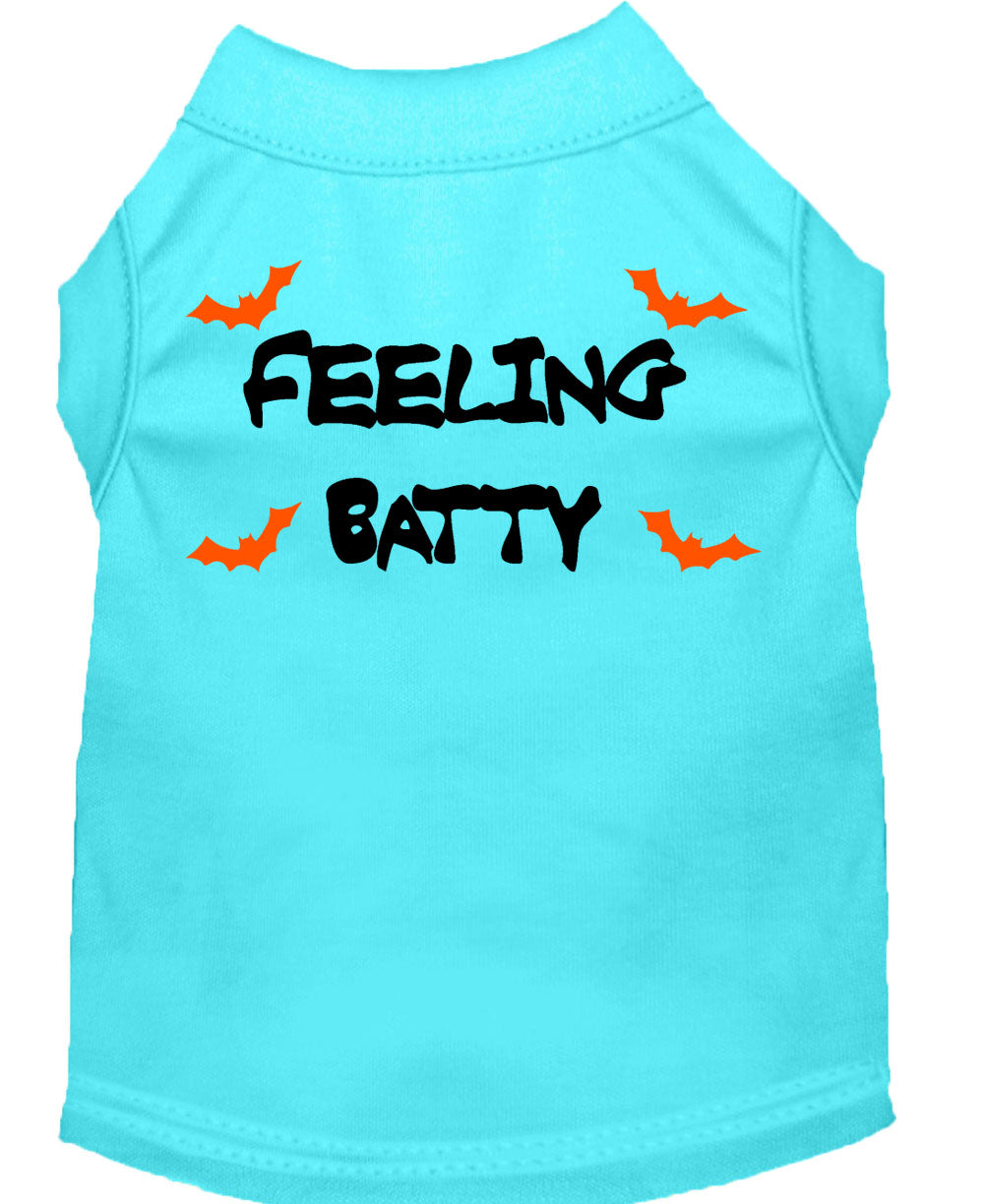 Halloween pet shirt for dogs and cats with 'Feeling Batty' print, featuring a soft fabric blend and double-stitched design.