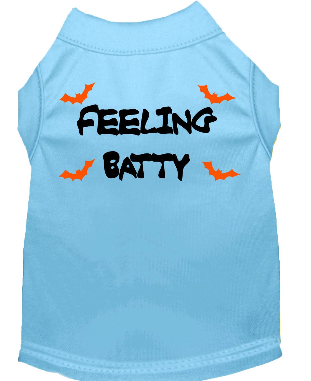 Halloween pet shirt for dogs and cats with 'Feeling Batty' print, featuring a soft fabric blend and double-stitched design.