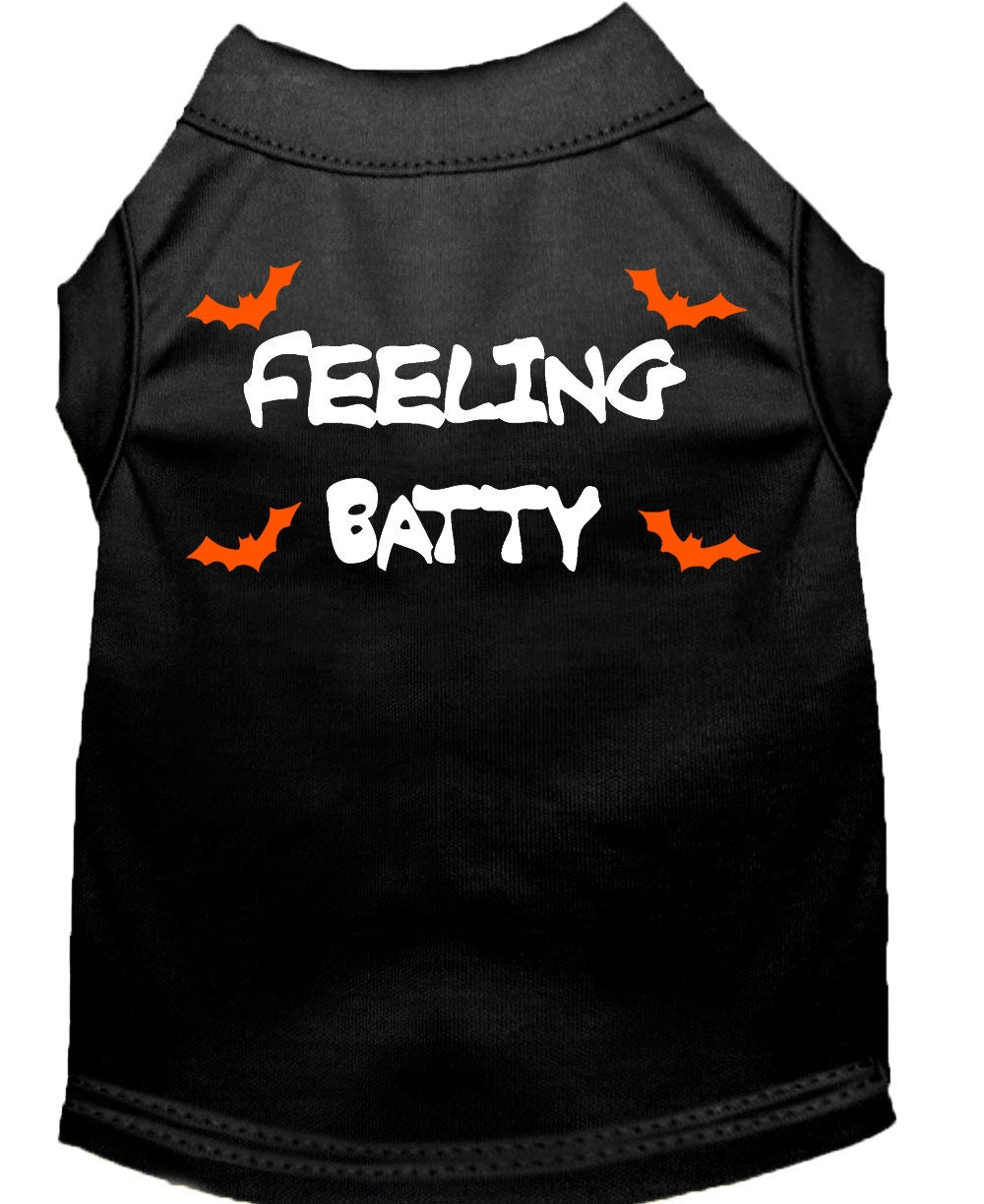 Halloween pet shirt for dogs and cats with 'Feeling Batty' print, featuring a soft fabric blend and double-stitched design.