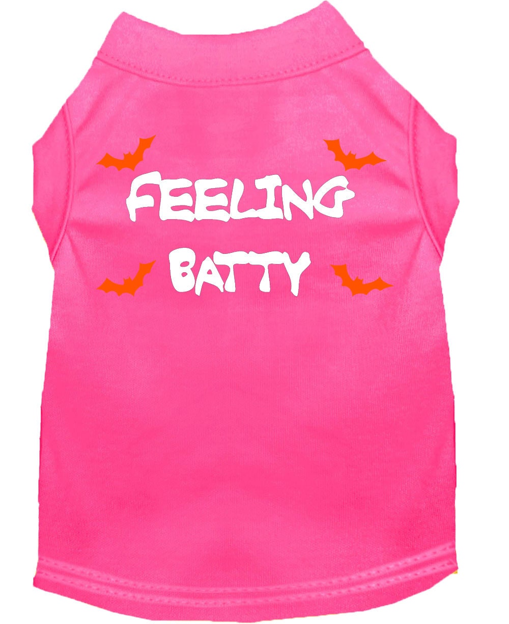 Halloween pet shirt for dogs and cats with 'Feeling Batty' print, featuring a soft fabric blend and double-stitched design.