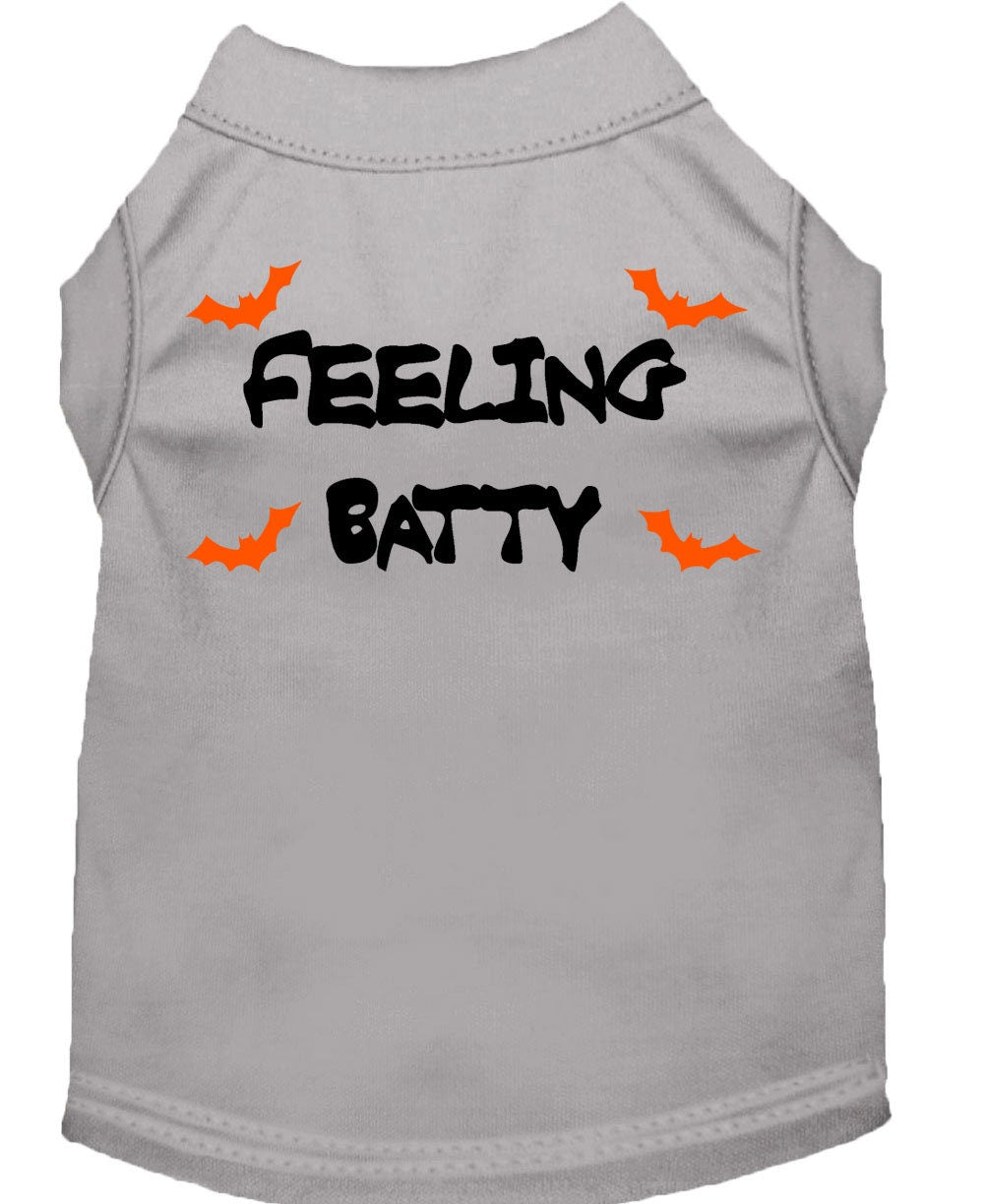 Halloween pet shirt for dogs and cats with 'Feeling Batty' print, featuring a soft fabric blend and double-stitched design.