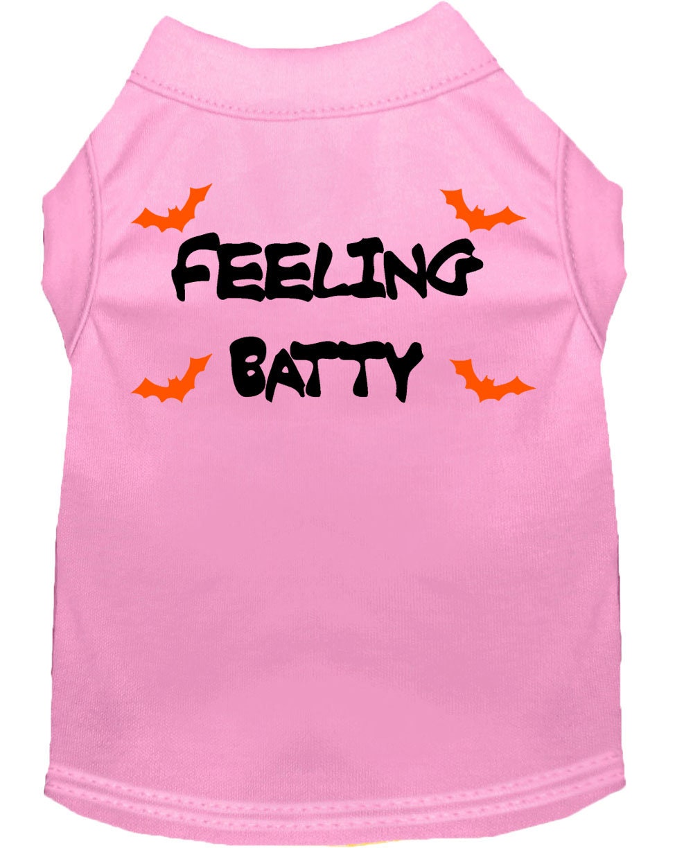 Halloween pet shirt for dogs and cats with 'Feeling Batty' print, featuring a soft fabric blend and double-stitched design.