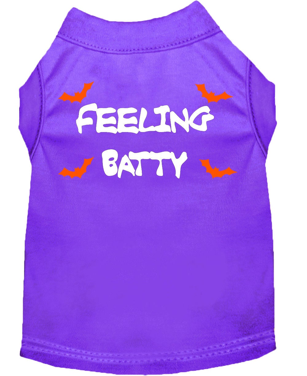 Halloween pet shirt for dogs and cats with 'Feeling Batty' print, featuring a soft fabric blend and double-stitched design.