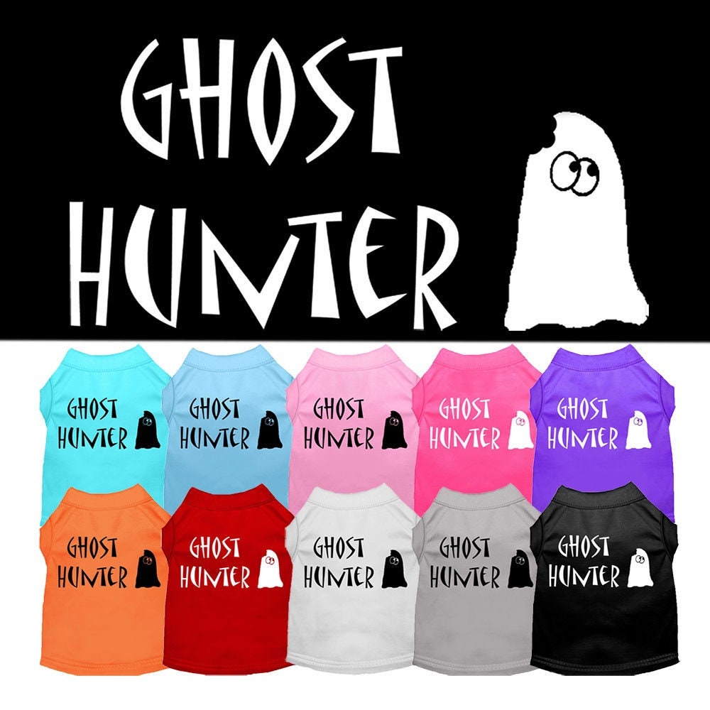 Halloween pet shirt for dogs and cats featuring a fun Ghost Hunter design, made from soft and durable fabric.